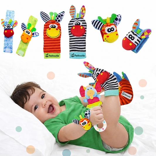 Chaussettes et bracelets hochets — Zèbre et girafe — Petitoutils