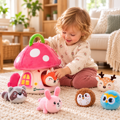 Maison champignon en peluche et 6 animaux — Petitoutils