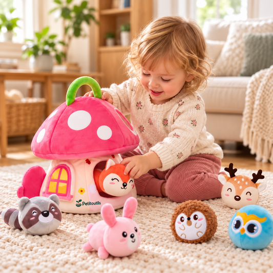 Maison champignon en peluche et 6 animaux — Petitoutils