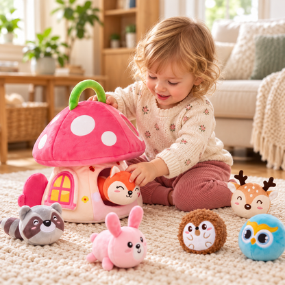 Maison champignon en peluche et 6 animaux — vue principale