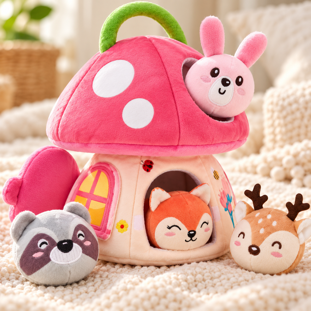 Maison champignon en peluche et 6 animaux — détails